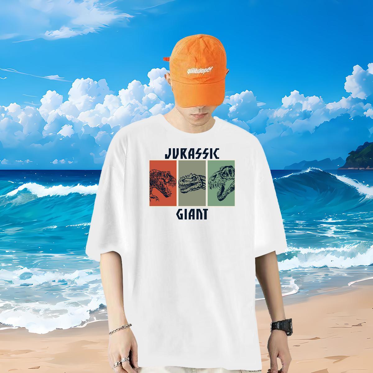 New Designer T-Shirts for Men 230g 100% Cotton dinosaur Casual Tees Crew Neck Unisex Men Tshirts DIY Logo Oversized