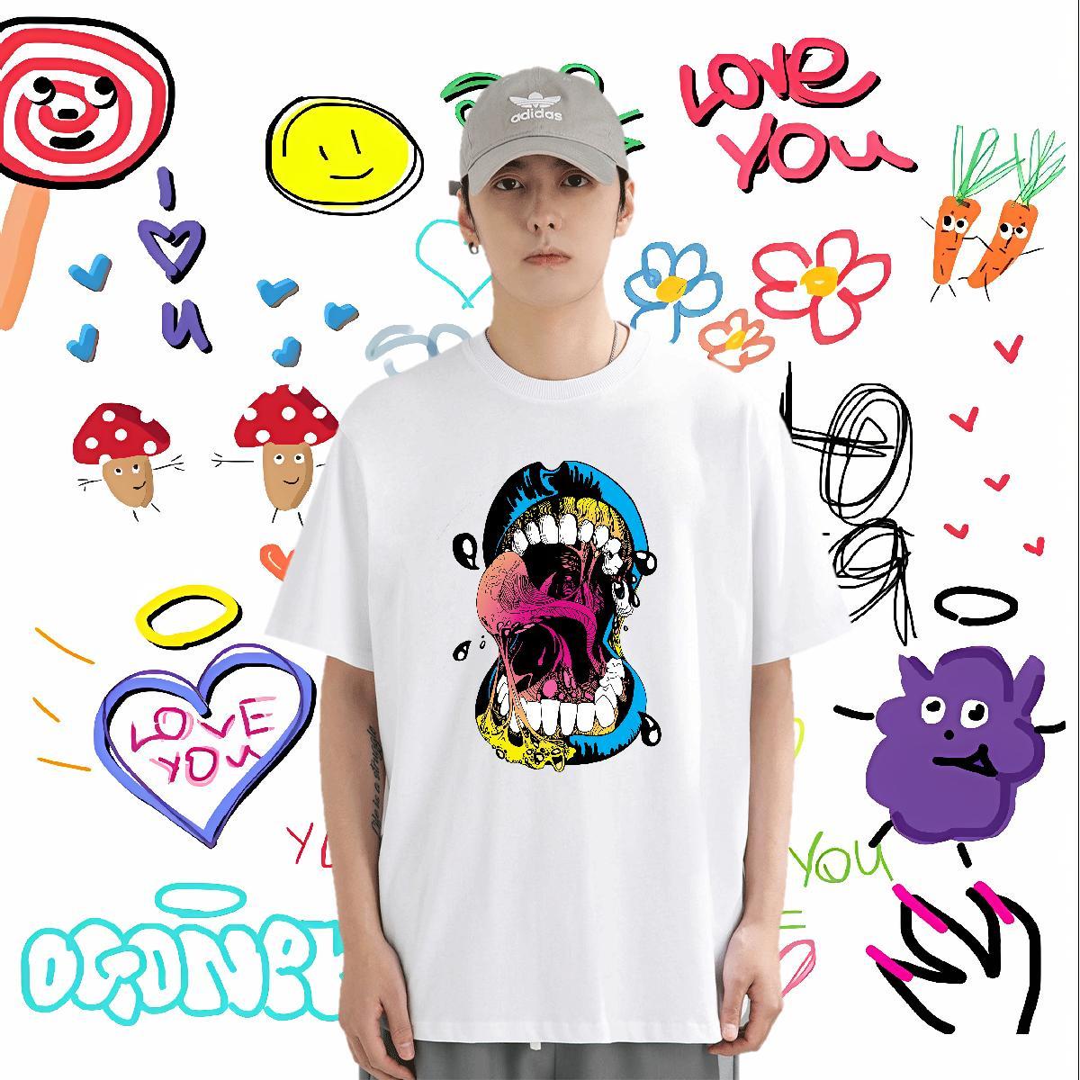 T Shirts Men 230g Cotton icon Street wear Hip Hop Crew Neck Breathable Anime Tshirts Fashion Unisex Polos