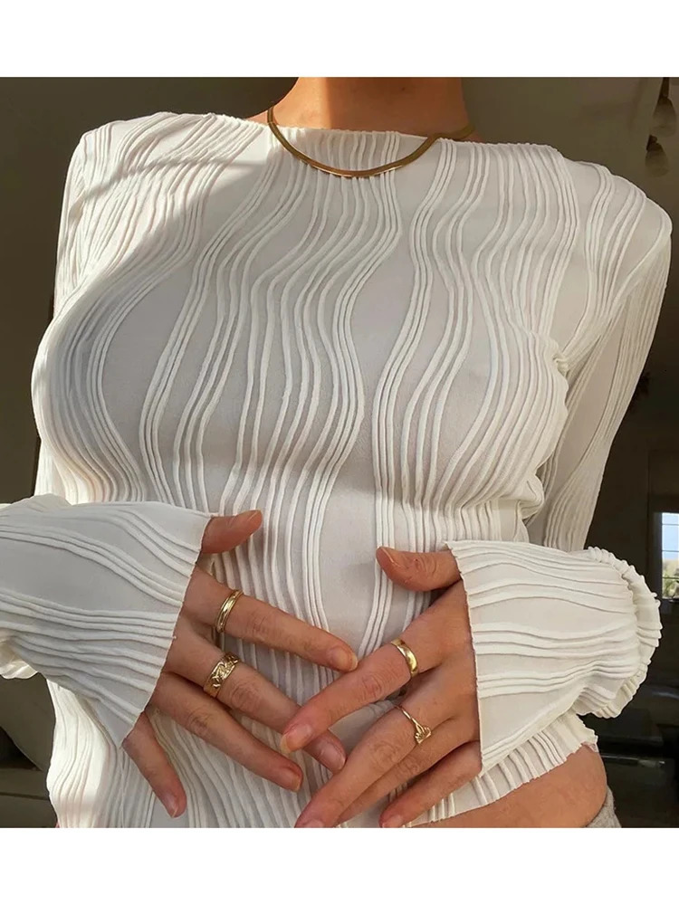 Ruched Long Sleeve T Shirts Women Casual White Skinny Black Basic Tee Fashion Street Cropped Top Y2K Clothes T-shirt 240806
