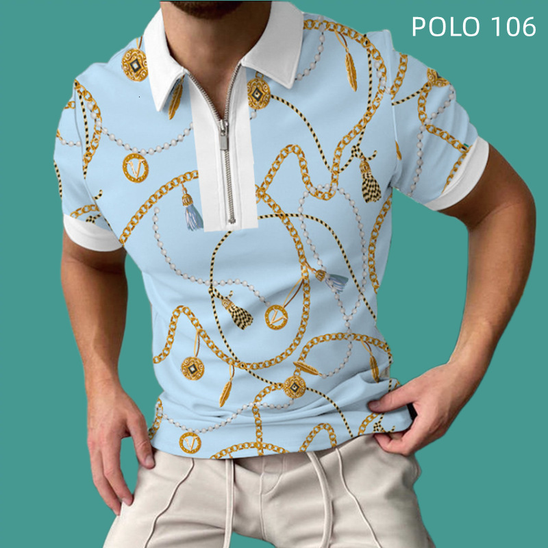 Single summer new men's polo shirt 3D digital printing short sleeved lapel zipper large POLO