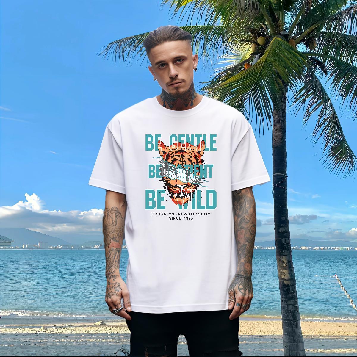 Factory Direct Mens T Shirts 100% Cotton 230g tiger Sports Casual Tops Breathable Crew Neck Free Shipping Men Clothes T-Shirt Anime Print