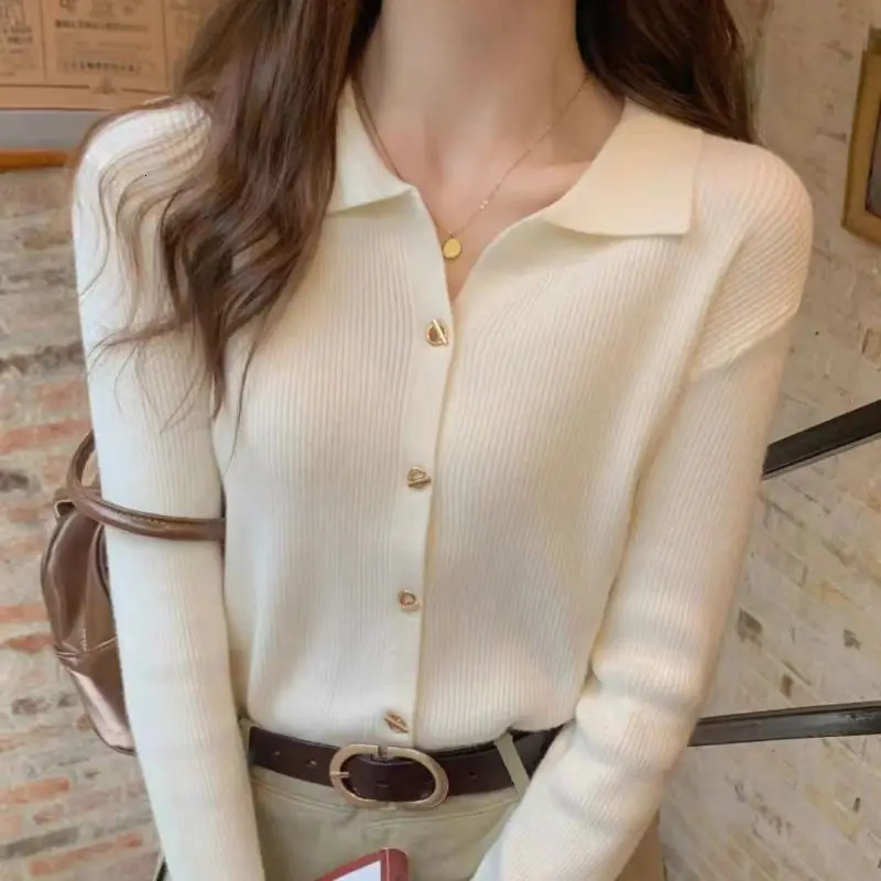 Summer Loose Casual Korean Retro Womens Shirt Solid Color Simple Button Collar Long Sleeve Y2K Fashion Top 240827