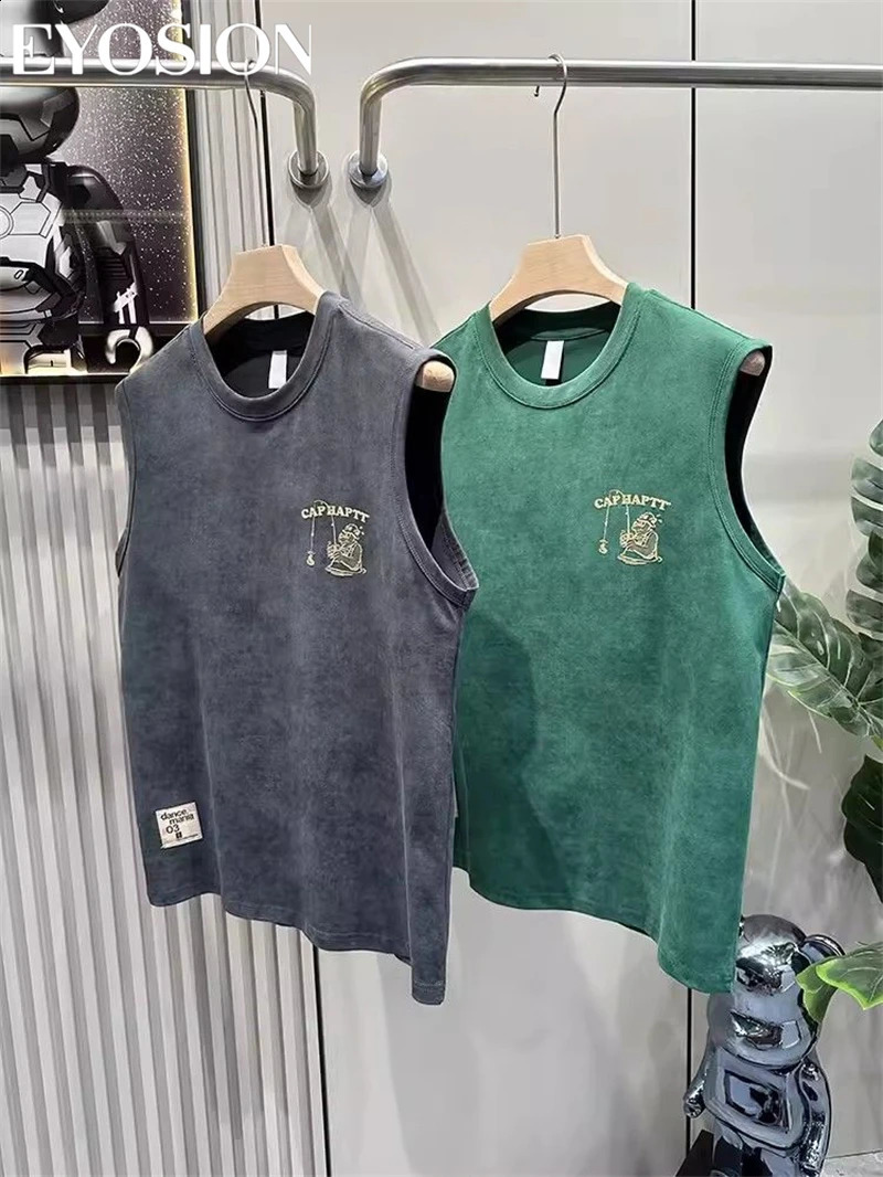 Mens sleeveless tank Tshirt for street fitness sports and leisure summer letter cartoon print top cotton round neck tee 4XL 240806Z
