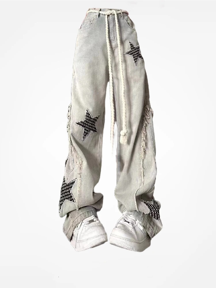 Women Baggy Star Jeans Fashion Vintage 2000s Y2k 90s Pippie Denim Trousers Korean Retro High Waist Wide Leg Cowboy Pants Clothes 240806