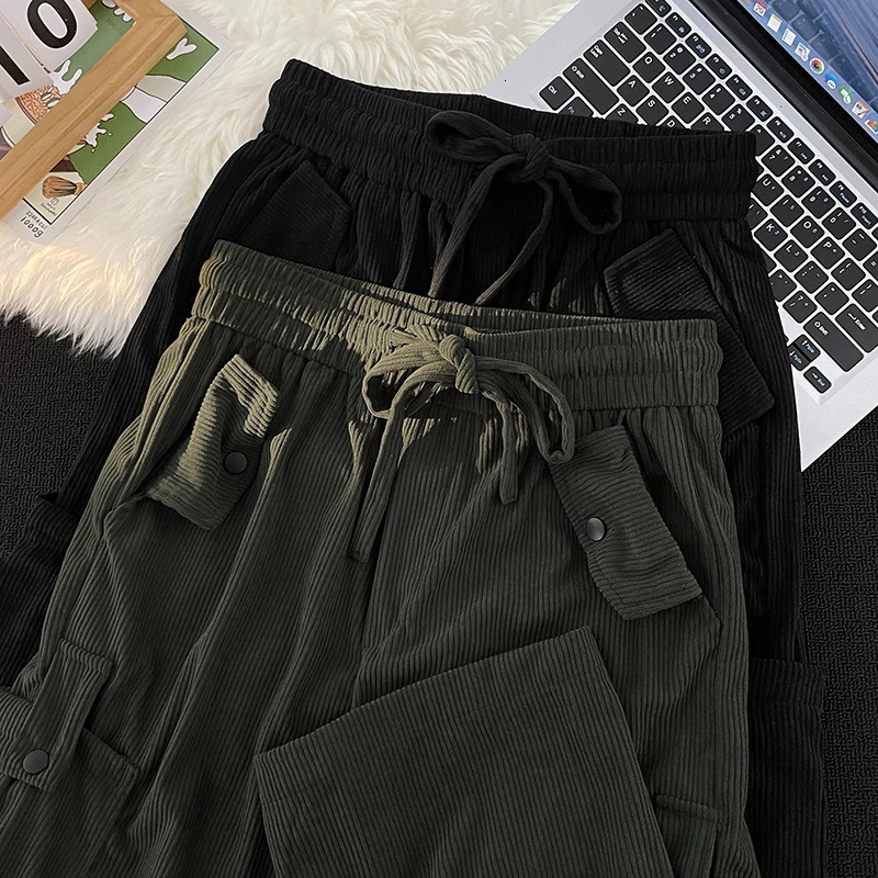 Vintage Corduroy Pants Men Women Americanstyle Multipocket Padded Trousers Harajuku Straightleg Wideleg Pant Unisex 240806