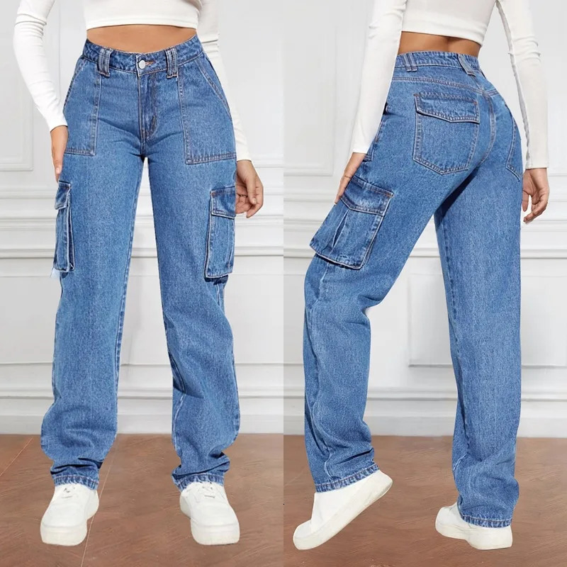 Blue Autumn Cargo Jeans Women High Waist Button Pocket Loose Denim Pants High Quality Fashion Female Cowboy Trousers 240806