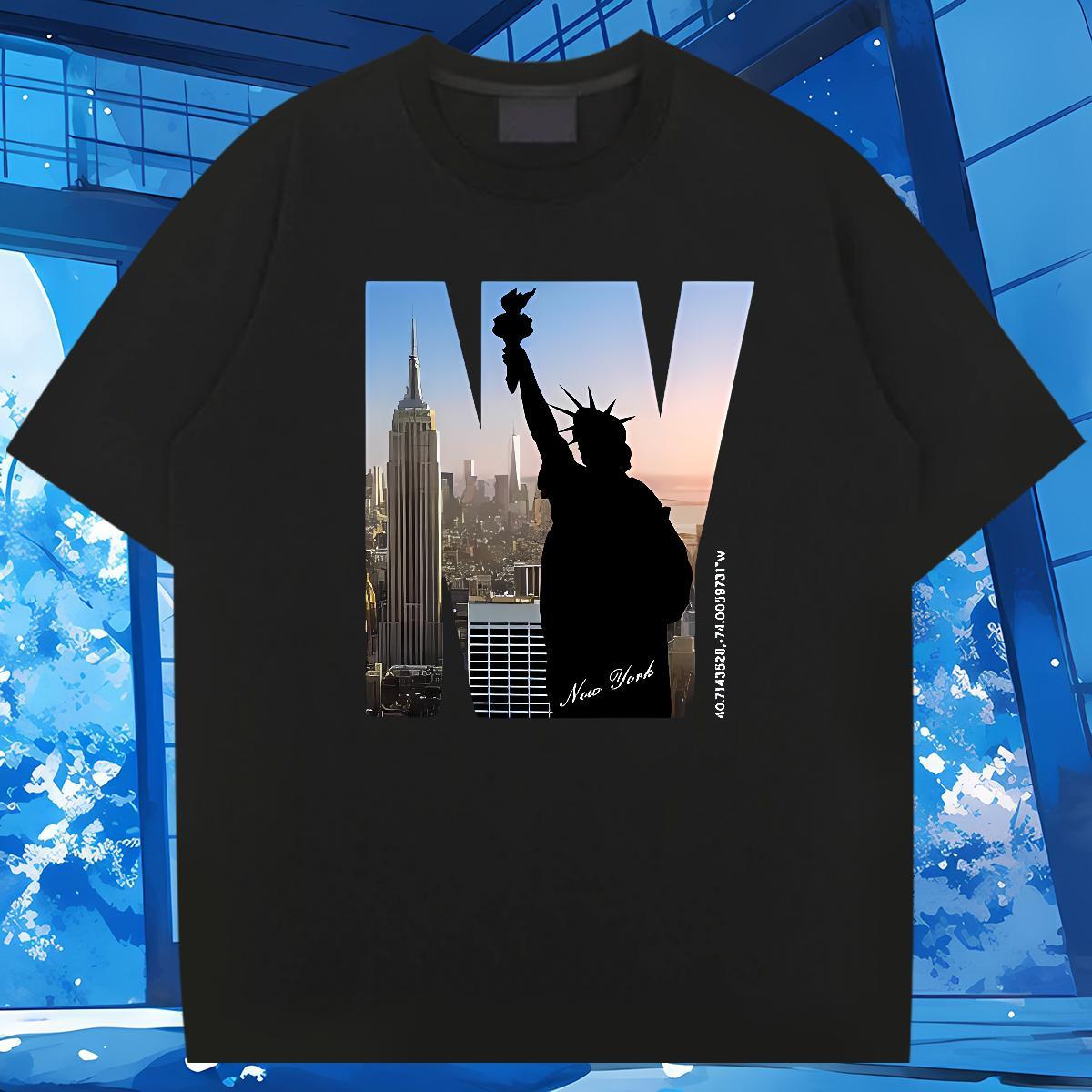 New Designer T-Shirts 230g Pure Cotton the Statue of Liberty Sports Casual Tee Shirt Round Neck Short Sleeve Cool Couples T Shirts Floral Print