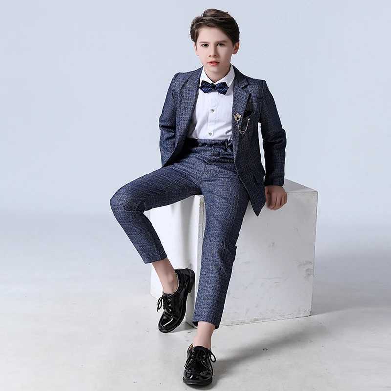 Suits Autumn Childrens Formal Plaid British Suit Set Boys Wedding Party Birthday Host Costume Kids Blazer Pants 2pcs Clothes