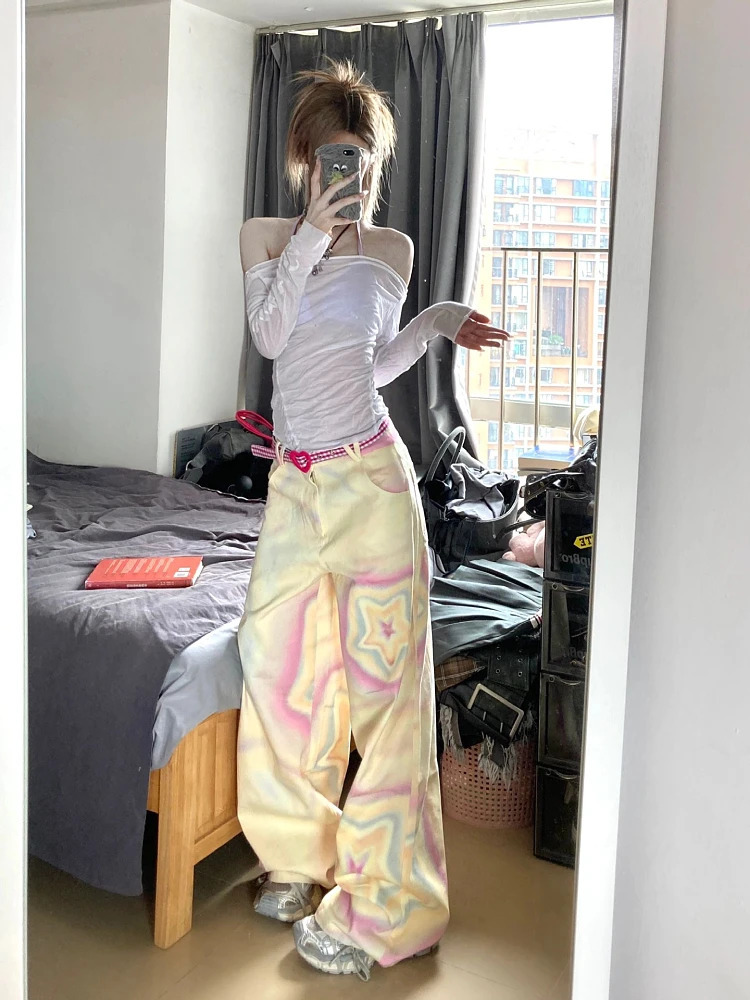 Women Harajuku Fashion Jeans Baggy Star Graffiti Denim Pants Cyber Punk Hip-pop Tie Dye Goth Y2k Streetwear Japanese Streetwear 240806