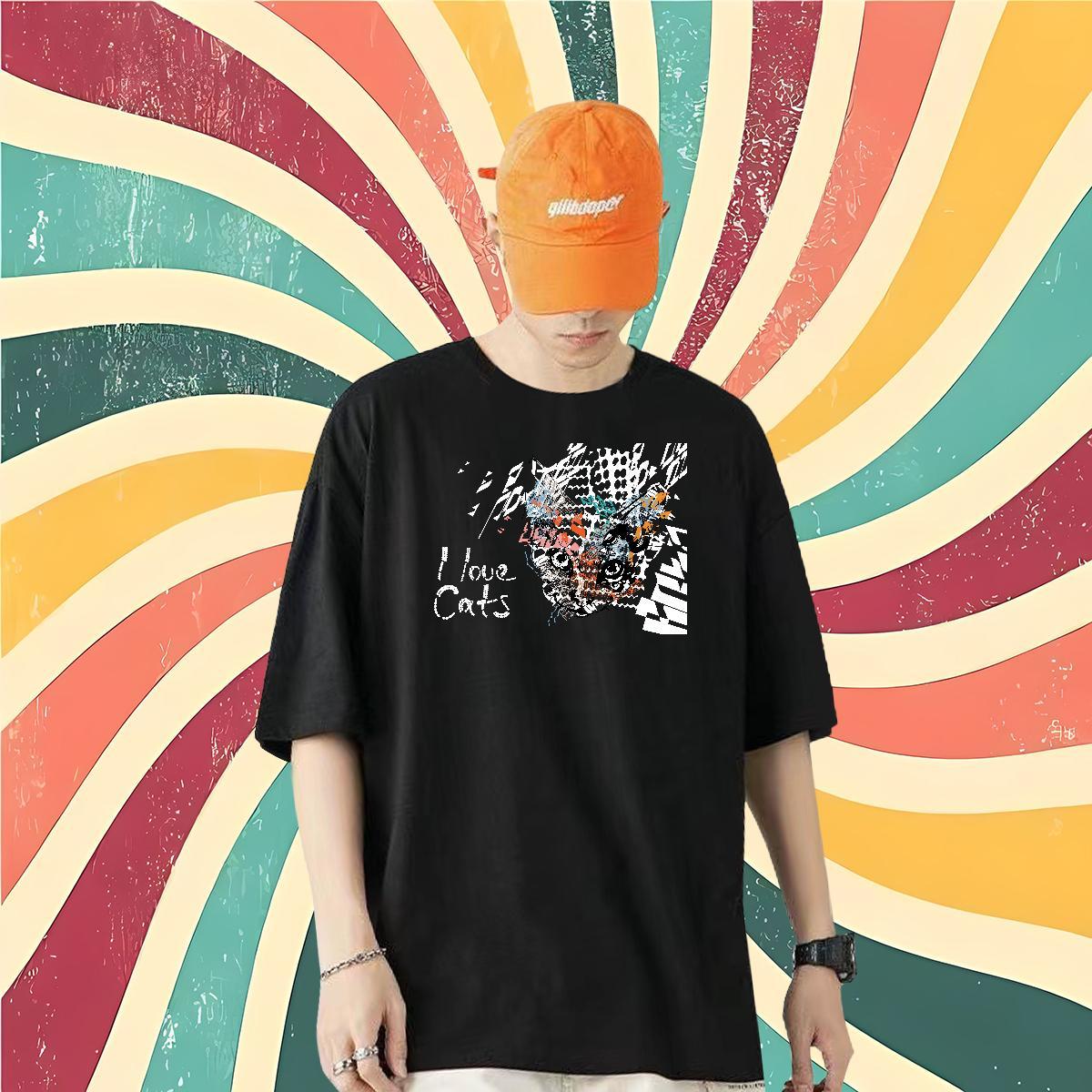 Classic Men T Shirts 230g Pure Cotton cat Sports Casual Tops Tees O Neck Short Sleeves High Quality Men Tops Tees Anime