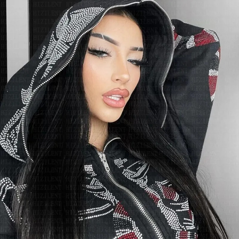 Y2K Hoodie Women Men Skull Skeleton Snake Rhinestone Print Gothic Full Zip Long Sleeve Hooded Sweatshirt Jacket Hoodies Clothing 240805