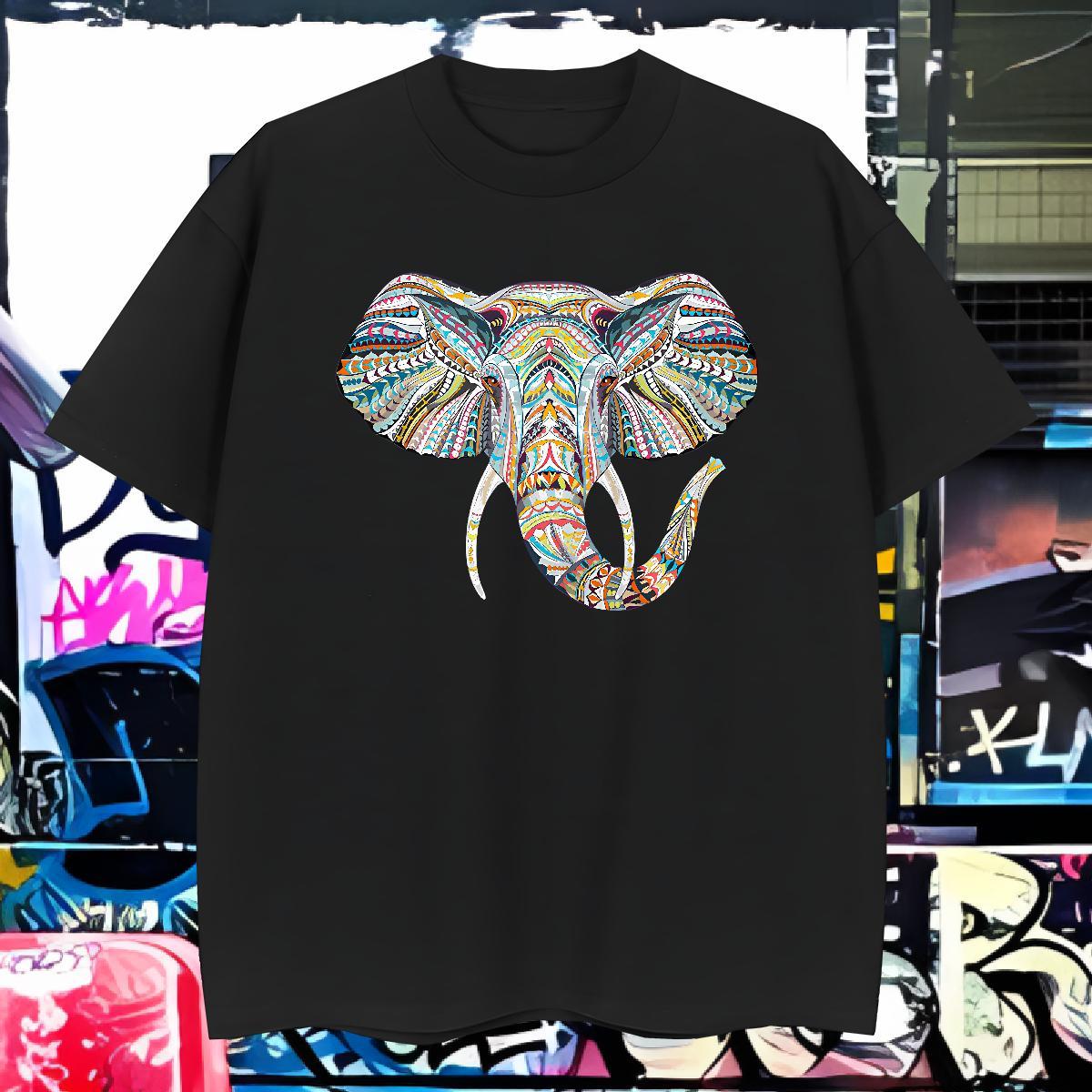 2024 Summer T shirt 230g Cotton Elephant Daily Wear Top Tees Breathable Crew Neck Loose Fit Mens Tshirts Black Oversized
