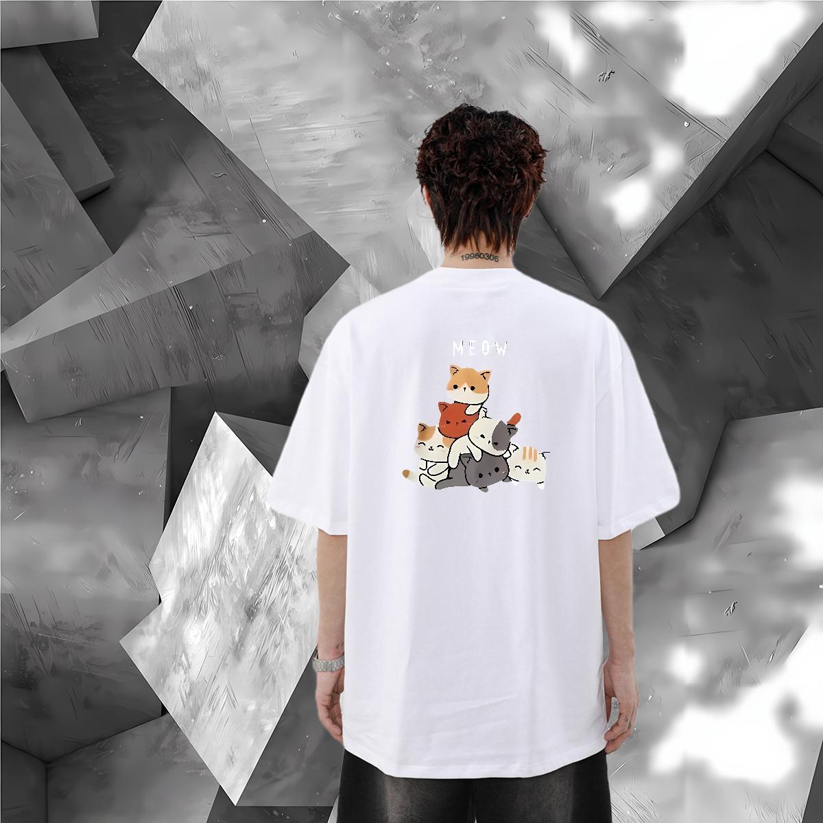 DIY T-Shirts for Men 230g 100% Cotton cat Daily Wear Polos O Neck Short Sleeves Soft Men Clothes T-Shirt Asian Size