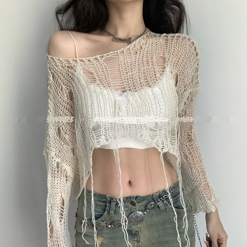 Boho Women Knitted T Shirt Y2k Hollow Out Loose Female Crop Tees Vintage Korean Ripped Long Sleeve All Match Ladies Jumpers 240806