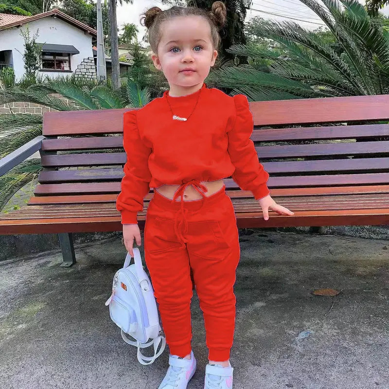 1-8Years Childrens Kids Girls Fall Clothing Outfits Solid Color Long Sleeve Crop TopsSport Pants Trousers Fashion Clothes Sets 240729