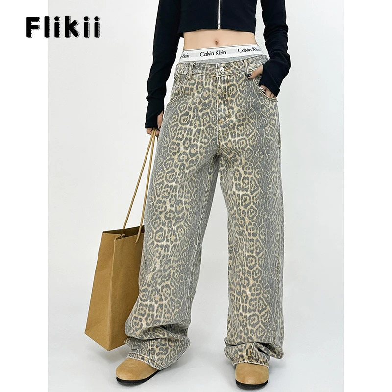 Womens Fashion High Street Vintage Wide Leg Baggy Y2K Denim Trouser Vintage Casual High Waist Pants 2000s Leopard Print Jeans 240806