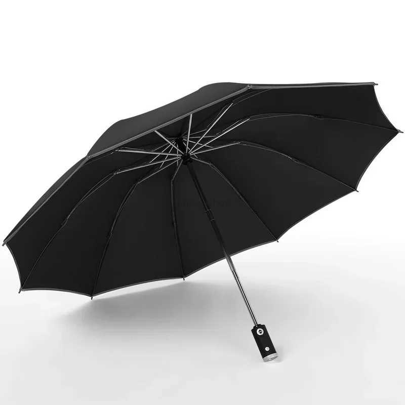 Fully Automatic Reverse Folding Umbrella With LED Flashlight 10Ribs Windproof Reflective Stripe UV Umbrellas For Sun Or Rain DayXJ240806