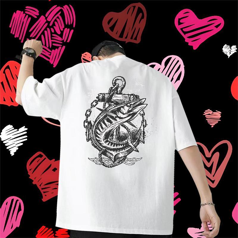 New Arrival T-Shirts for Men 230g Cotton fish High Street Hip Hop Tee Shirt Short Sleeve Soft Free Shipping Men Clothes T-Shirt Cartoon Printing L-4XL