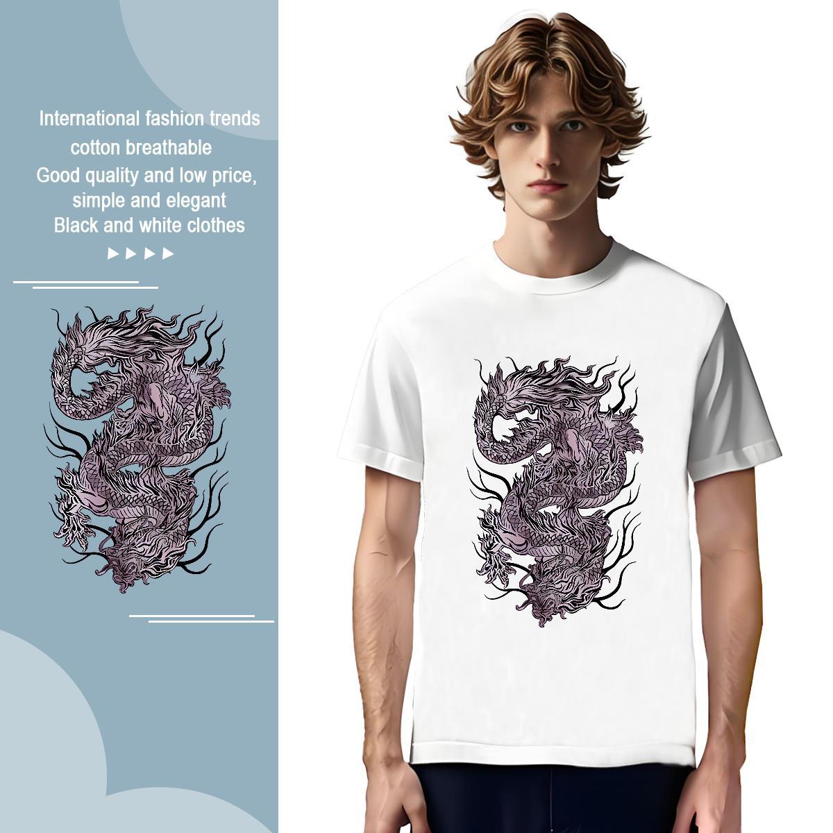 T-Shirts for Men 100% Cotton 230g Black Purple Dragon Street Breathable Short Sleeve Black White Men Tops Tees Stylist Brand Tee Shirt