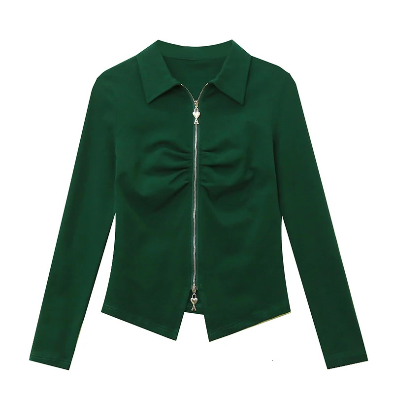 Fall Winter European Clothes T-Shirt Fashion Sexy Turn-down Collar Zipper Women Tops Long Sleeve All Match Tees 39098 240806