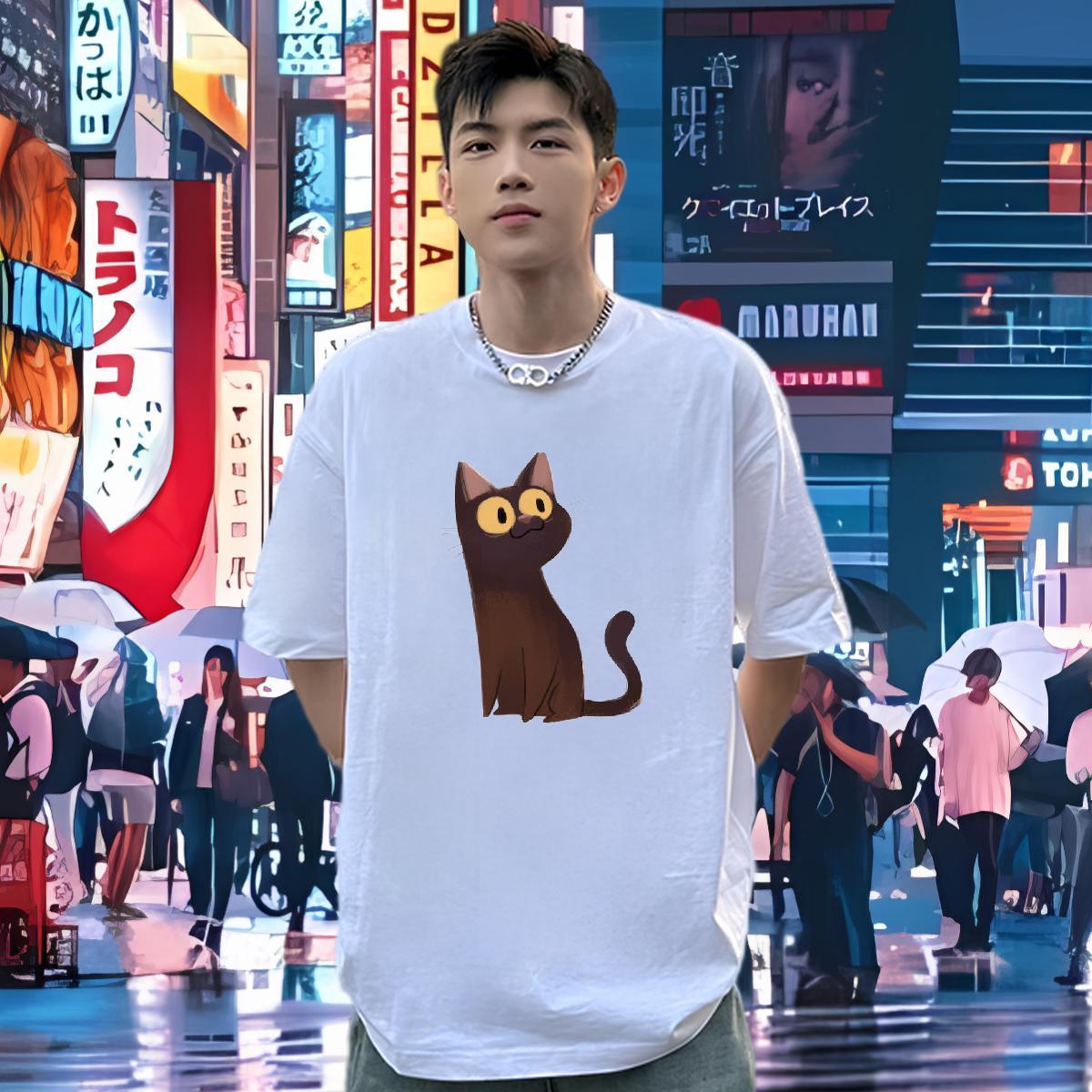 Casual New T Shirts Men 230g 100% Cotton cat Street Casual Tops Tees Short Sleeve Soft High Quality Men Tees Oversized 3XL 4XL