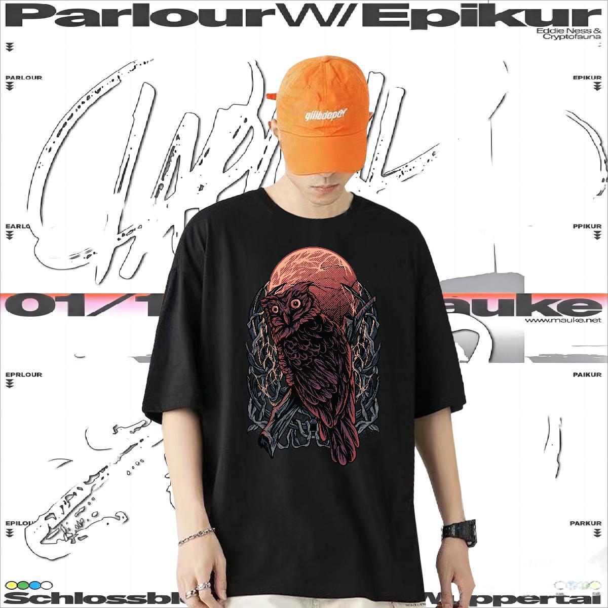 2024 Summer T-Shirts 230g Pure Cotton Owl Home Outdoor Wear Breathable Soft Popular Men Tees Skull