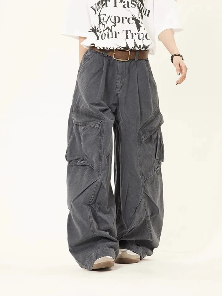 Spring Cargo Jeans American Street Style Baggy Cargo Pants Women Multi-pocket Wide Leg Jeans 240806