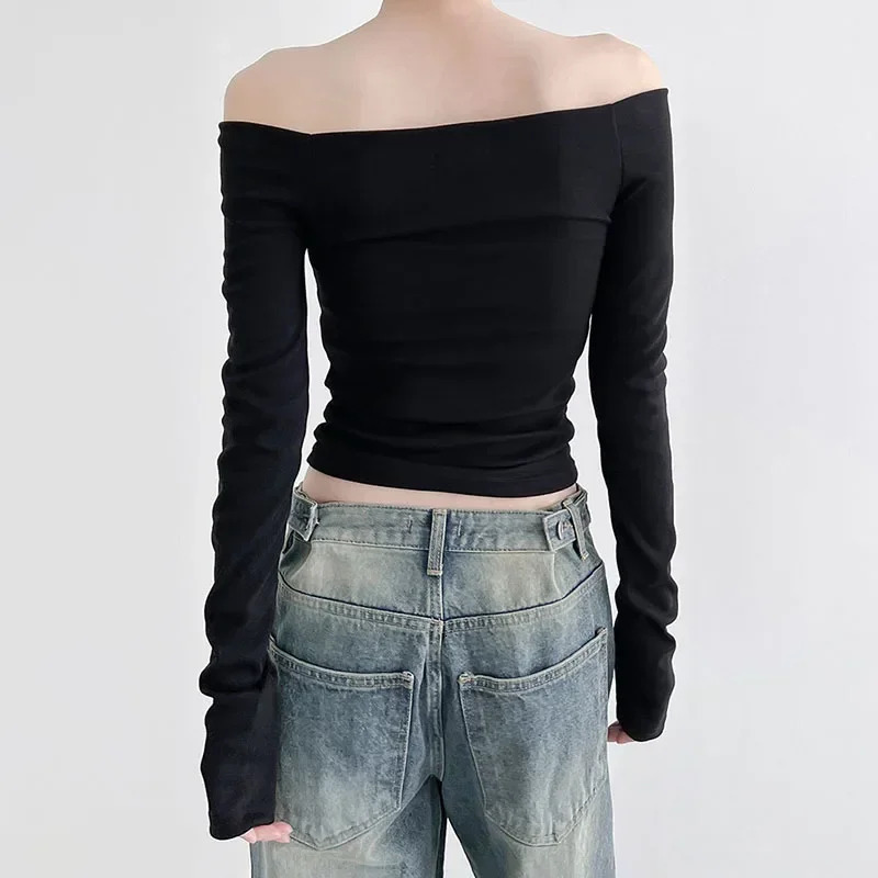 Solid Slash Neck Crop Top Women Off Shoulder Long Sleeve Skinny T-shirt Harajuku y2k Femme Clothing Autumn Casual Shirts 240806