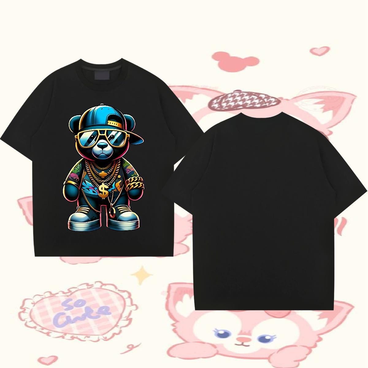 Free Shipping T-Shirts 100% Cotton 230g bear Street wear Hip Hop Tops Tees Short Sleeve O-Neck Brand Men Clothes T-Shirt Floral Print