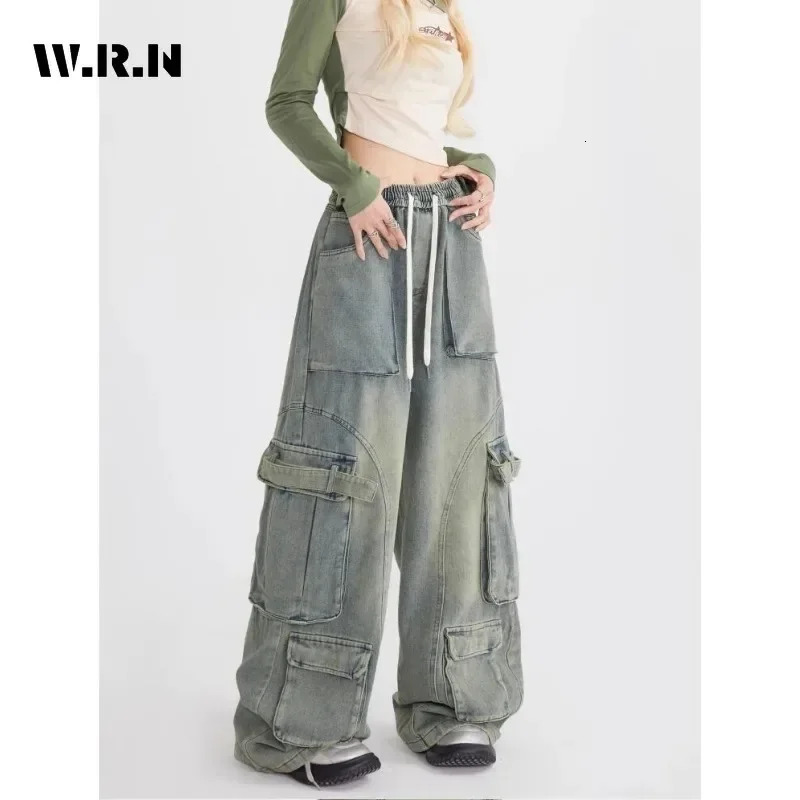 Vintage Casual Grunge Pocket High Waist High Street Blue Jeans Pants Women Drawstring Wide Leg Baggy Y2K Straight Denim Trouser 240806