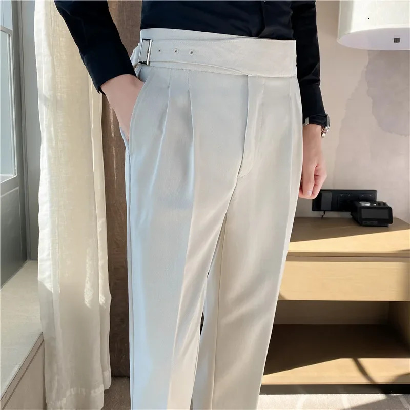 Men High Waist Dress Pants Trousers Spring British Style Straight Solid Casual Slim Fit Suit Fashion Clothing 240806