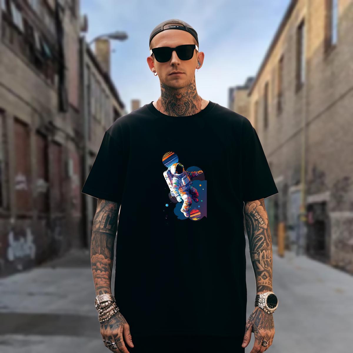 T-Shirts 230g Pure Cotton cosmonaut Summer Casual Breathable Black White Men Tops Tees New Loose Fit Tee Shirt