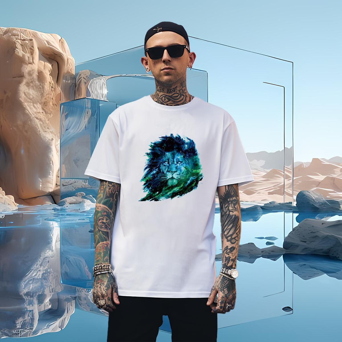 Mens T Shirts 230g 100% Cotton lion Sport Crew Neck Breathable Graphic Mens Tshirts 2024 New Soft Tee Shirt