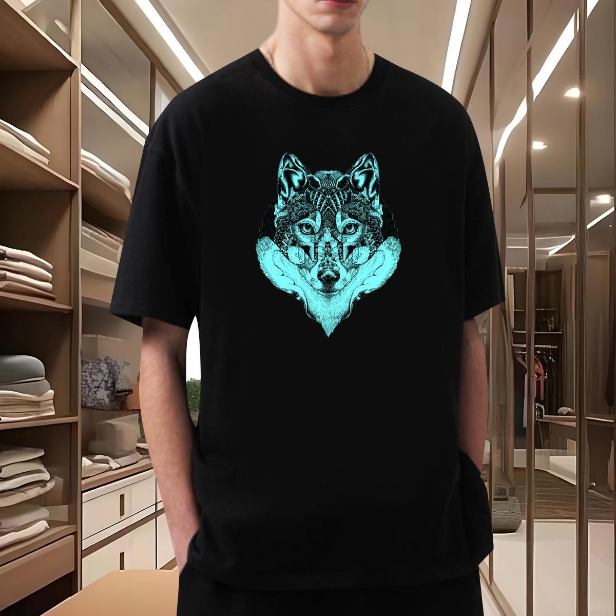 New T Shirt For Man 230g 100% Cotton wolf Home Outdoor Clothes Breathable Loose Men Clothes T-Shirt Cartoon Print