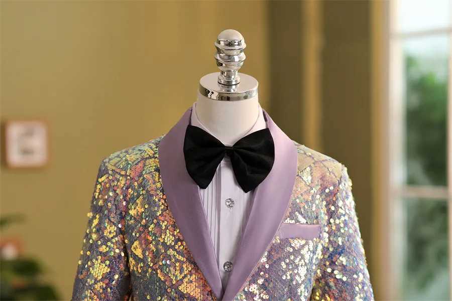Suits Boys Purple Sequined High End Suit Set Childrens Catwalk Stage Host Performance Photography Wedding Costume Kids Blazer