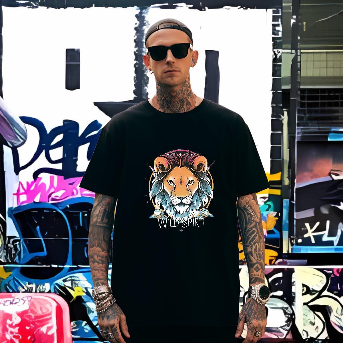 Mens T Shirts 230g 100% Cotton lion Summer Casual Breathable Crew Neck Floral Print Men Clothes T-Shirt Fashion Design Comfortable Clothings