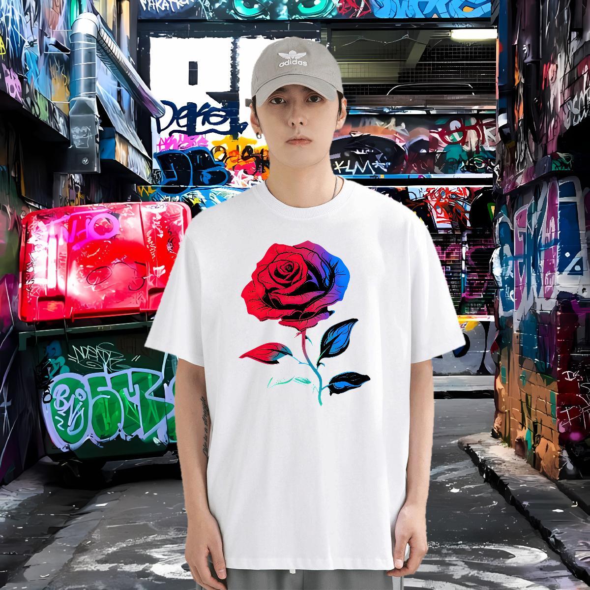 Mens T Shirts 230g Cotton ROSE Street Wear O Neck Short Sleeves Custom Big Size Men Tops Tees New Loose Fit Tee Shirt