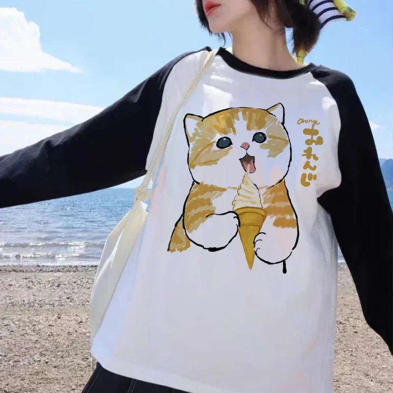 90s Y2k T-shirt Long Sleeve Funny Cute Cat Shirt Women Cartoon T Shirt Harajuku Graphic Ulzzang Tshirt Aesthetic Top Tee Female 240806