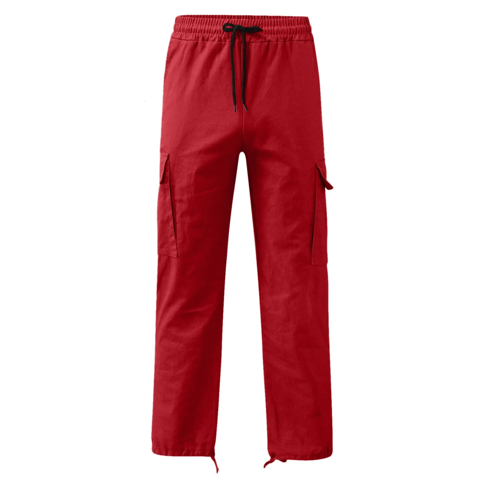 Red Cargo Pants Male Multi Pockets Elastic Drawstring Sports Trousers Mens Solid Color Streetwear Floor Length 240806