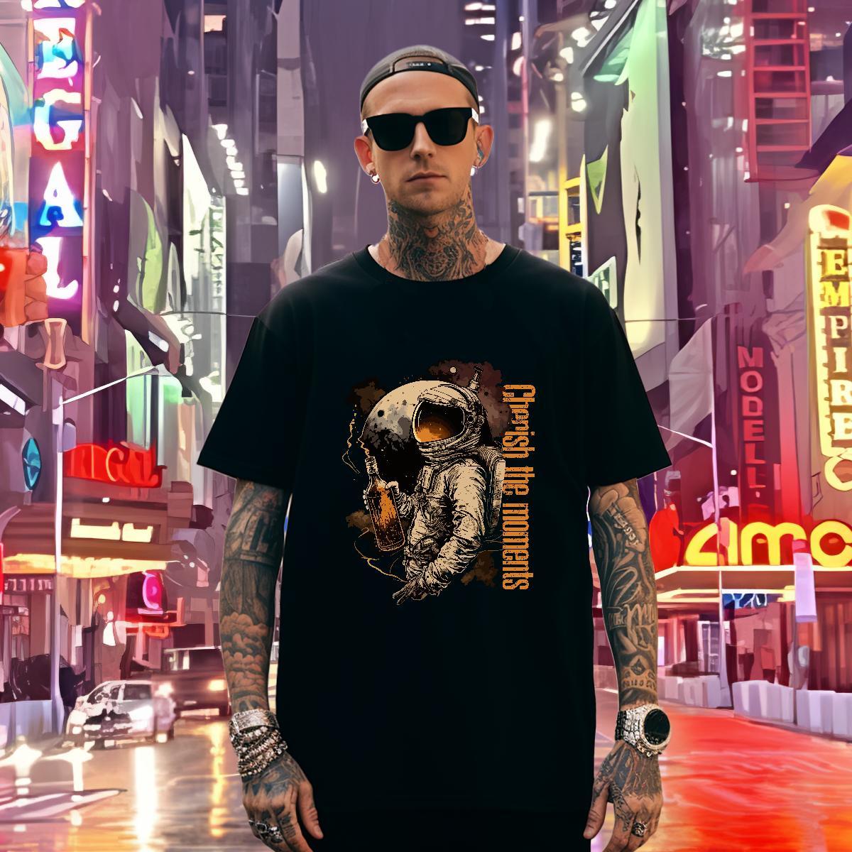 Mens T Shirts 100% Cotton 230g cosmonaut Outdoor Crew Neck Breathable DIY Anime Men Tshirts 2024 Loose Clothings