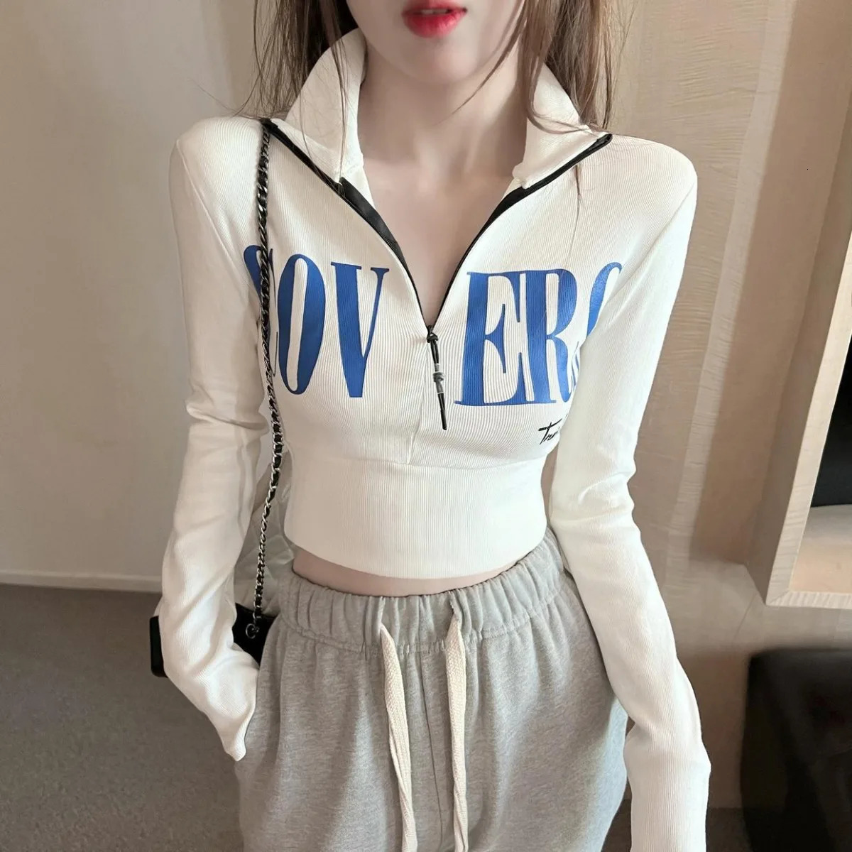 Zipper hoodie polo shirt womens sports shirt long sleeved Y2k crop top streetwear sexy tight Pullover Korean Kawaii clothing 240827