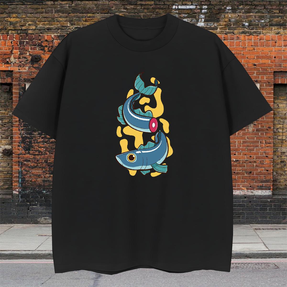 Free Shipping Man T Shirts 100% Cotton 230g fish Hip Hop Street Tee Shirt Pure Cotton Cool Men Tshirts Custom Cartoon