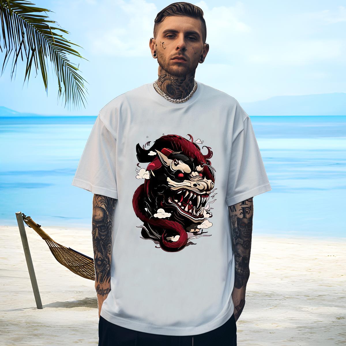 TOP Quality Men Tops Tees 230g Pure Cotton dinosaur T-Shirts for Men Sport Crew Neck Breathable Floral Print 2024 Designer Wear