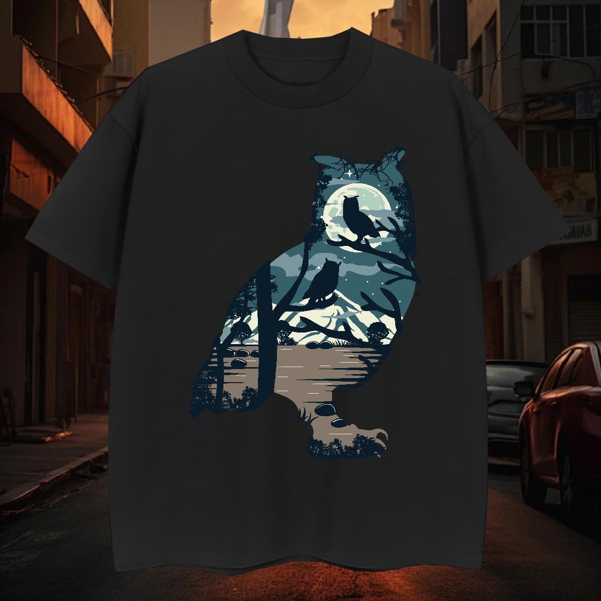 T Shirts Men 230g 100% Cotton Owl Daily Wear Breathable Crew Neck Anime Print Men Tops Tees Classic Casual Designer Clothings