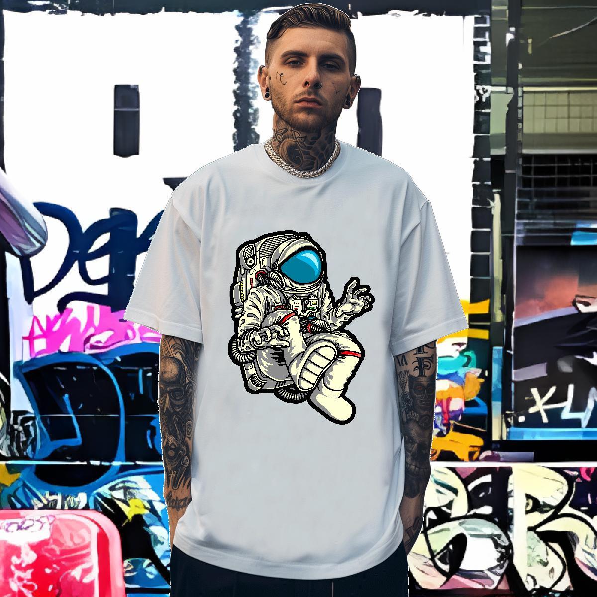 T-Shirts for Men 230g Pure Cotton cosmonaut Street Crew Neck Breathable Asian Size Tshirts New Free Shipping Tops Shirt