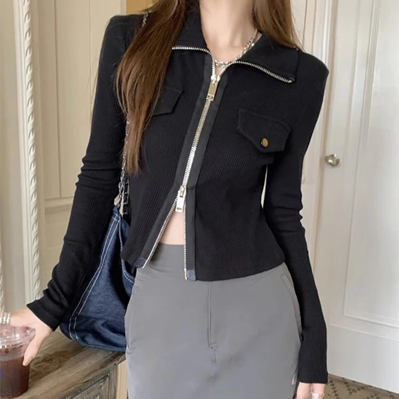 Spring and Autumn Womens Fashion Polo Collar Zipper Long Sleeve T-shirt Y2K Womens Black Grey Ultra Thin Fashion Sexy Crop Top 240827