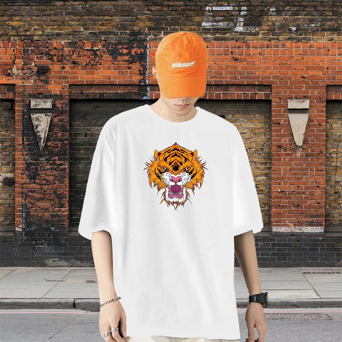 New T Shirt For Man 230g Pure Cotton tiger Street Top Tees Breathable Short Sleeve Unisex Men Tops Tees Custom Cartoon