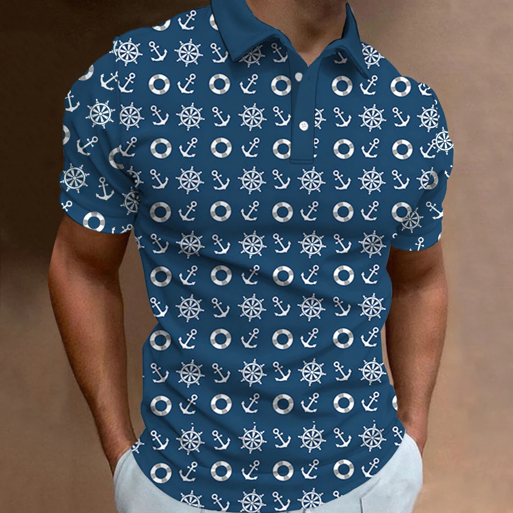 Fashion Mens Polo Shirt Short Sleeve Anchor Pattern T-Shirt 3D Printed Lapel Polo Shirts Tops High Quality Tees Mens Tops 240806