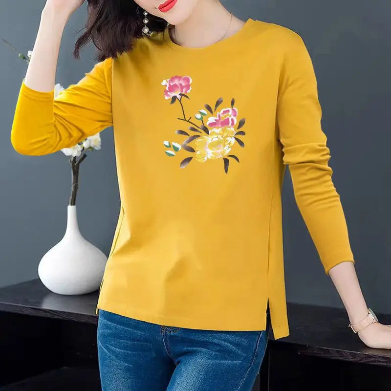 Long Sleeve Tees Shirt Women Tunic Tops Loose Casual Female T Shirt Clothes Split Plus Size Ladies Round collar Graphic Pullover 240806