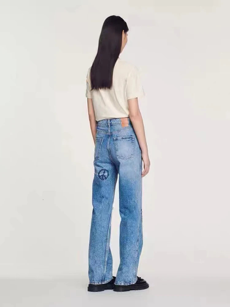 IOO SAND Womens Jeans High Waist Straight Fashion Embroidery Pants Streetwear Vintage Casual Female Wide Leg Denim Trouser 240806